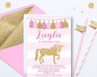 Gold Glitter Unicorn Tassels Invitation, Pink and Gold Invitation, Magical Unicorn Invite, Girl Invitation, Unicorn