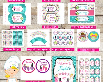 Spa Party Printables, Spa Birthday, Personalized Printable Decorations, Birthday Party Supplies, Spa Party Package