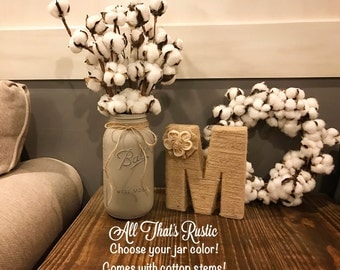 Cotton Stems, Rustic Home Decor, Cotton Boll Arrangement, Cotton Boll Stems, Mason Jar Decor, Half Gallon Mason Jar, Farmhouse Decor