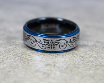 free shipping free custom engraving 8mm black tungsten band with blue step edge loz pattern - Geeky Wedding Rings free shipping free custom engraving 8mm black tungsten band with blue step edge loz pattern - Geeky Wedding Rings