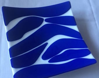 White and Blue Fused Glass Platter