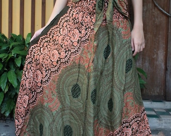 Flowers Bohemian Skirt Gypsy hippie style bloom One Size Fits Green