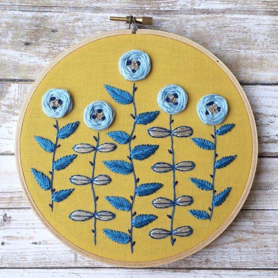 Yellow and blue floral embroidery hoop art/floral