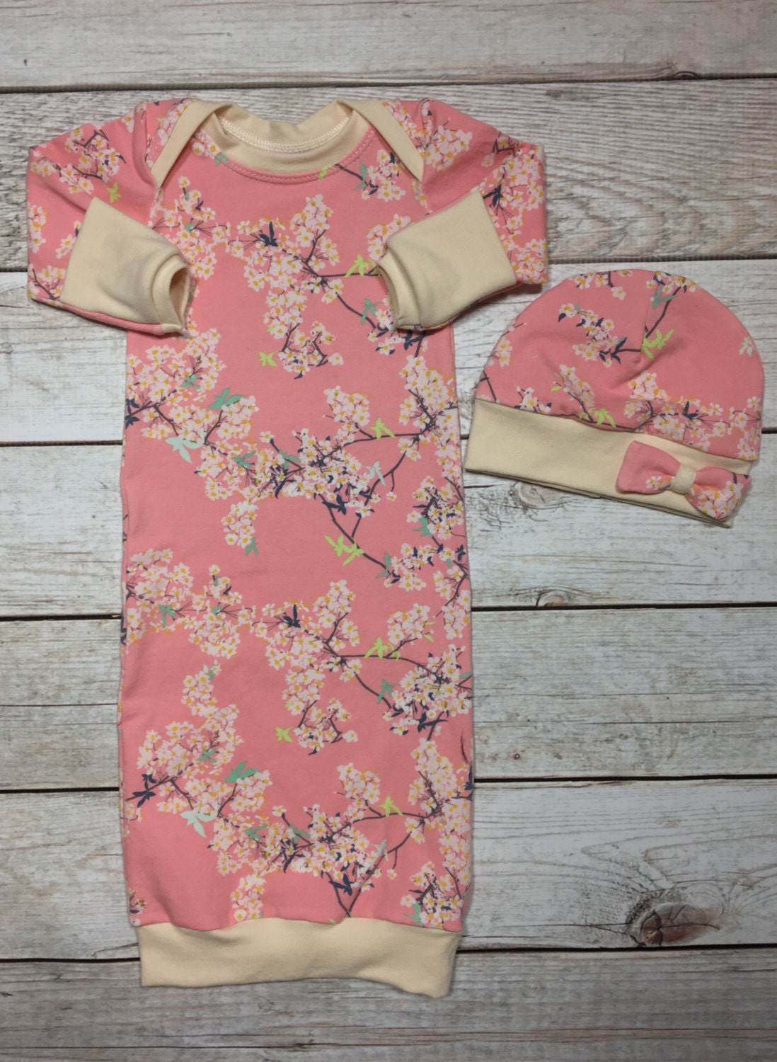 Newborn Baby girl gown sleeper cherry blossom pink lap neck