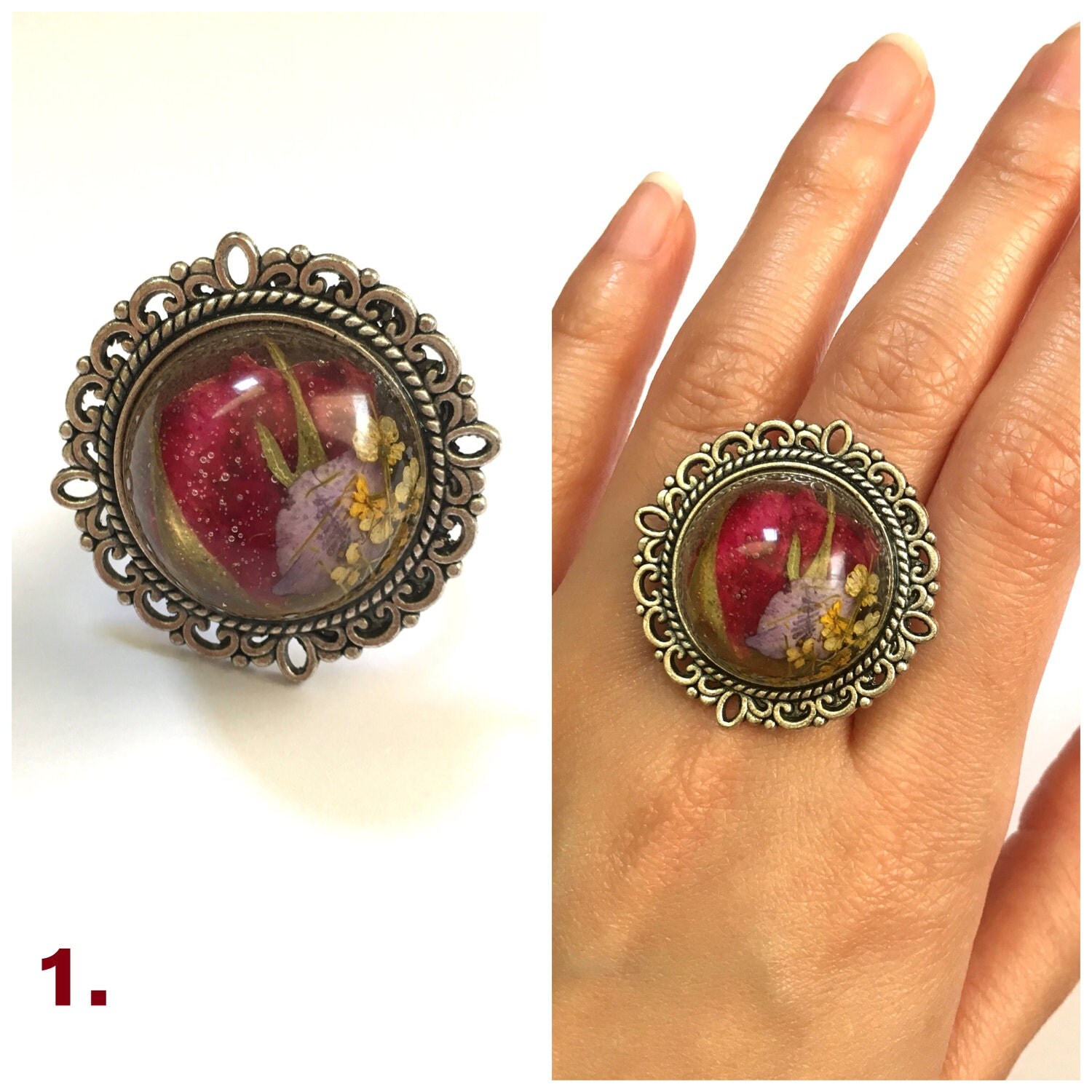 Handmade Pressed Dried Flowers Ring Resin Jewelry Vintage