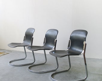 Vintage Black Genuine Leather and Chrome Cantilever Dining Chairs by Willy Rizzo for Cidue Italy Executive Office Modernist Minimalist Set