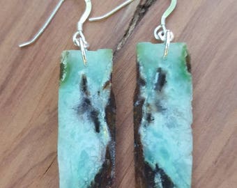 Rectangle Chrysoprase Gemstone and Sterling Silver Earrings, Long Chrysoprase Rectangle Earrings, Chrysoprase Earrings, Chrysoprase