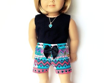 American Doll Clothes - 18 inch Doll Clothes – Print Shorts, Aztec, Multi-color, Turquoise, Black, Tribal, Summer
