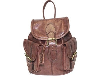 80's Style Mini Rucksack Backpack | Stressed Brown Gloss Leather