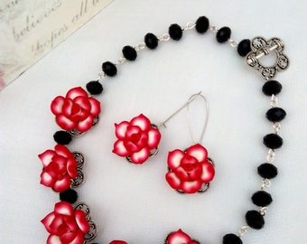 Red Jewelry Set, Black and Red Necklace Set, Red Earrings, Red Statement Necklace, Red Flower Necklace, Red Beaded Necklace