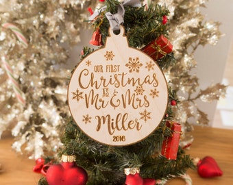 Our First Christmas Ornament Married - Personalized Christmas Ornaments - Mr and Mrs - Gifts Couple - Wedding Gift - Just Married - Mr Mrs