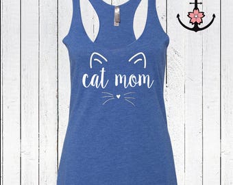 Cat Mom Custom Tank Printed on a Ladies' Ultra-Soft Racerback Tank, Custom Cat Lover shirt; Cat Lover Gift; Cat Mom Tank Top