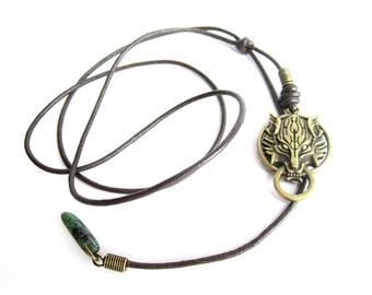 Mens wolf necklace, men y necklace leather, mens pendant leather necklace, wolf leather necklace, mens lariat necklace, zoisite man necklace