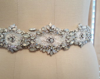 Hand beaded and Embroidered bridal sash, opal bridal sash, unique bridal sash / belt, opals, wedding accessories, tie belts