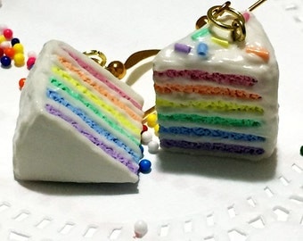 Rainbow Cake, Earrings, Polymer Clay Jewelry, Kawaii, Pastel Rainbow, Miniature Food, Polymer Clay Food, Rainbow Charm, Polymer Clay Charm