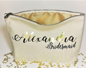 Personalized wedding makeup bag- Canvas cosmetic bag- Gifts for bridesmaid- Wedding favors- Bridal party bags- Zipper pouches.