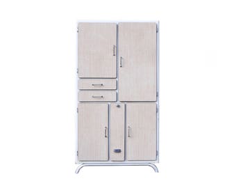 French vintage kitchen Cabinet, beige formica and wood kitchen storage cabinet, vintage formica furniture, kitchen sideboard, vaisselier