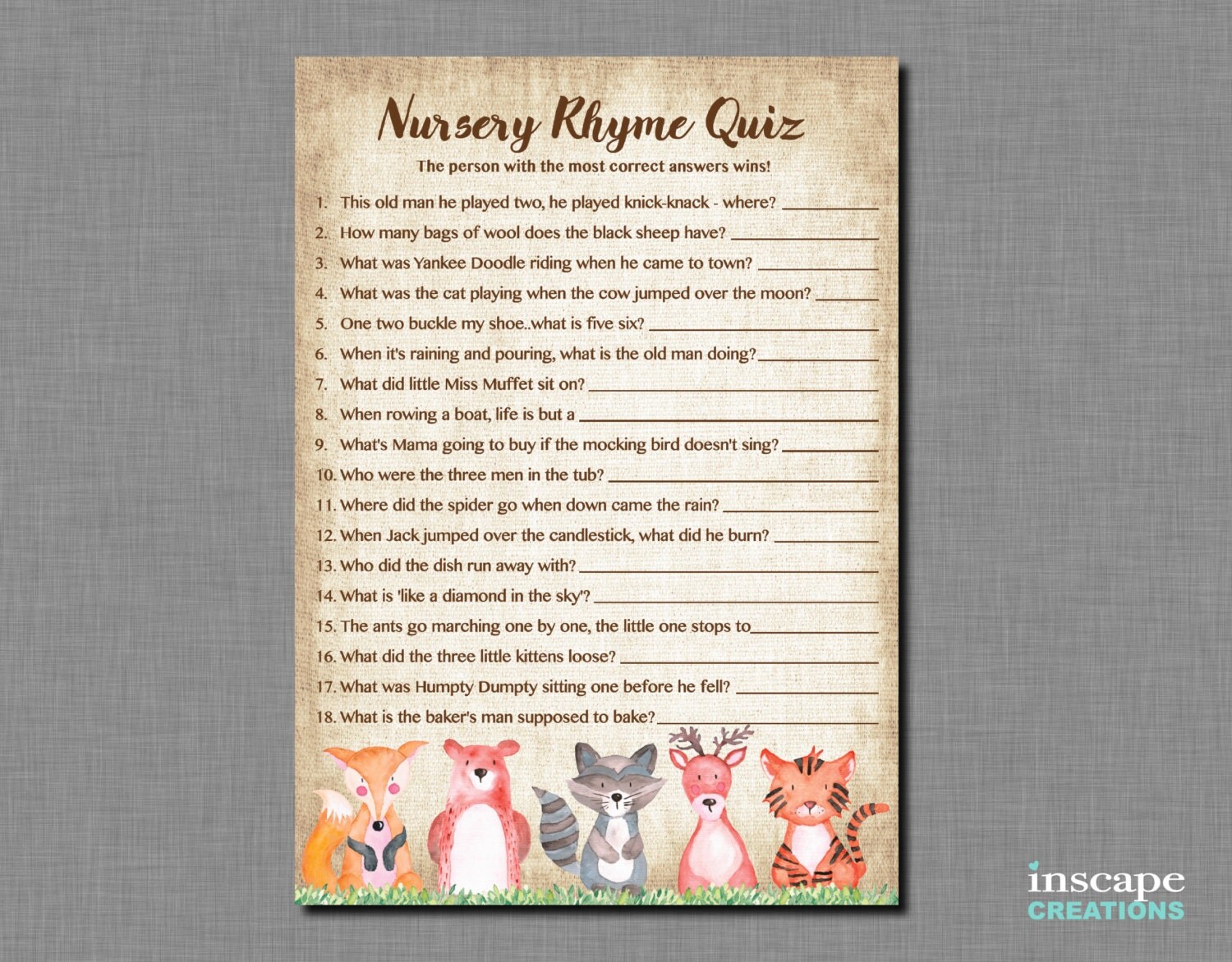 Woodland Animals Nursery Rhyme Quiz Printable Rustic Country