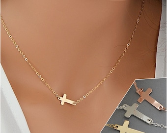 Dainty Cross Necklace, Gold Cross Necklace, Delicate Necklace, Sideways Cross Necklace, Small Cross Necklace