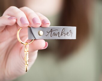 Personalized Leather Keychain Light Grey | Key Holder | Wood Burned | Any Name | Short Phrase | Hand Lettered | MADE TO ORDER