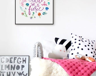 Though She Be But Little She Is Fierce, Girl Nursery Wall Art Floral Nursery Decor, Shakespeare Quote Printable Art Print Watercolor Flowers