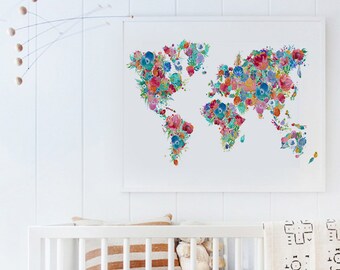 Floral Nursery Printable World Map Poster Floral Map Print Girl Nursery Map Wall Art Flower Map Shabby Chic Decor, Dorm Decor Baby Girl Gift