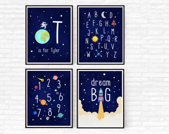 Outer Space Nursery Decor, Boy Nursery Set of 4 Prints, Printable Alphabet, Space Themed Nursery ABC Nursery Wall Art Dream Big Rocket Ship