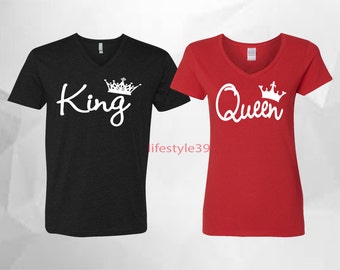 King Queen V Neck T Shirts Couple Matching Shirts Christmas Couple Shirt Valentines Day Shirts Mr Mrs Couple Shirts Black-REd