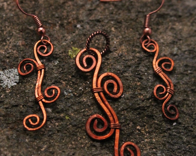 Hammered Copper Spiral Swirl Pendant Necklace with Matching Earring Set, Fire Red Patina, Handmade One of a Kind, OOAK Jewelry, Gift for Her