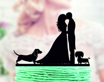 Wedding cake topper with two dogs dachshund, Couple with Dog Topper, silhouette cake topper for wedding, dog cake topper, funny cake topper
