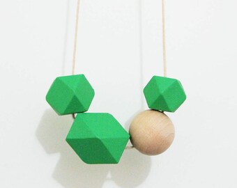 30% SALE!!! - Hand painted wooden bead necklace - Green, Natural, geometric bead necklace, natural necklace, beaded Necklaces, wood jewelry