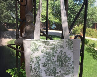 GreenToile de Jouy purse, Linen tote, linen purse, vintage french toile de Jouy, upcycled bag, Toile de Jouy shoulder bag, summer purse