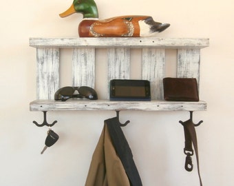 2 Shelf White Coat Rack With Hooks – Rustic Chunky Wooden Shelves – White Wall Coat Rack With Shelf – Rustic Open Shelving Reclaimed Wood