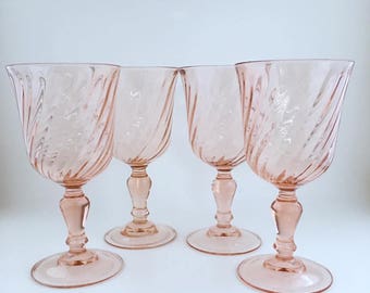 Rosaline Pink Swirl Water Goblets/Wine Glasses By ARCOROC France/Set Of 4