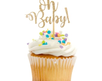 12 CT Glitter Oh Baby! Cupcake Topper Calligraphy Cursive Script Baby Shower Cupcake Topper Glitter Baby Shower Decoration Baby Girl Boy