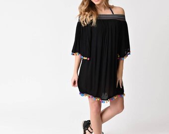 BOHO HEROINE FASHIONS: Off-The-Shoulder Black Dress/Cover-Up w/Elastic Ric-Rac Neckline & Pom-Pom Fringe Trim, 2 Colors - Black, Beige