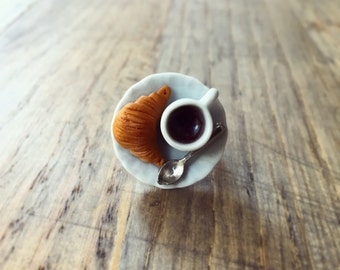 Sweet Breakfast Ring, Miniature Food Ring with Croissant and Coffee