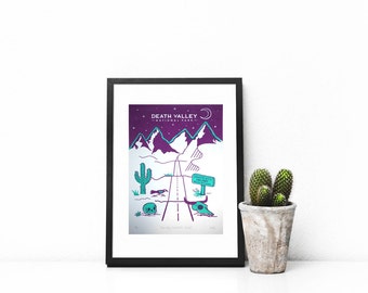 Death Valley Two Coloured Screen Print (Limited only Six printed) Cactus, Skull, Travel, Road trip, Mountains, Nevada, America, A4