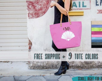 Pink Tote, Shell Tote, Nautical Beach Bag, Burlap Tote Bag, Personalized Bag, Beach Tote Bags for Bridesmaids Gifts, Large Beach Bag