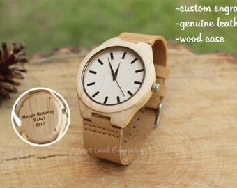 Mens Watch, Boyfriend Gift, Wooden Watches for Men, Husband Gift, Mens Personalized Gift, Mens Leather Wrist Watch, Engraved Wood Watch