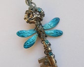 Dragonfly Clockwork Key Pendant -- Turquoise Dragonfly Steampunk Winged Key, Dark Silver-Grey Hematite Wire, Gears, Crystals (A Key to Time)
