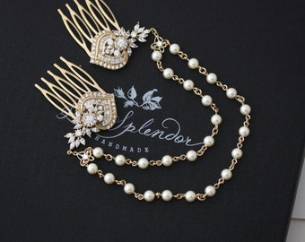 Gold Wedding Headpiece Gold Crystal Hair Chain Bridal Hair Comb Swarovski Crystal Pearl Boho Bridal Hair Accessory EVIE