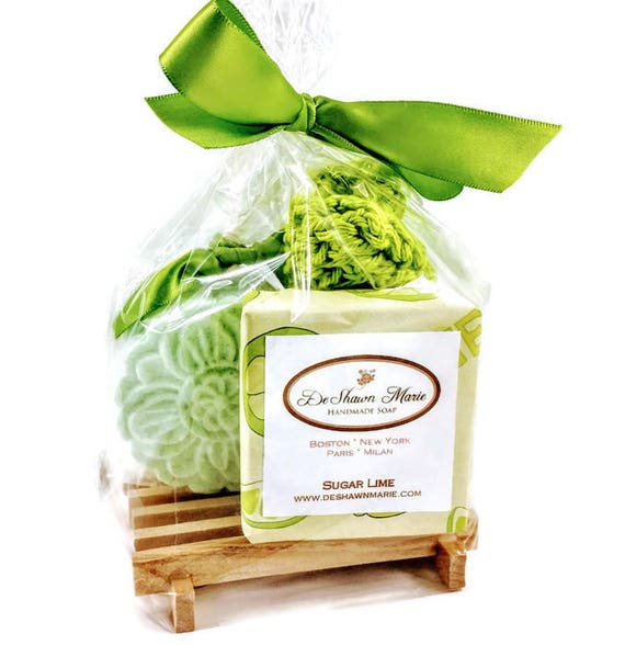 Soap Gift Bag, Sugar Lime Soap Gift Set includes 1 full bar, Lime Bath Bomb & Hand knitted Soap Saver and Soap Dish. Mother's Day Gift