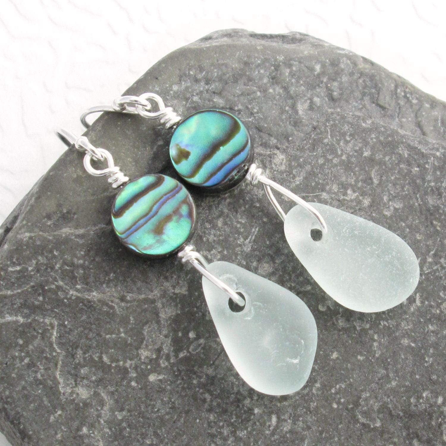 Lake Erie Beach Glass Earrings Green Abalone Jewelry Sea