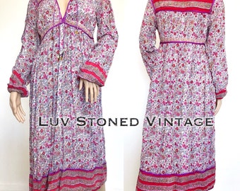 Vintage 70s Indian Cotton Gauze Boho Hippie Gypsy India Ethnic Festival Dress . S/M . D069 . 1250.2.3.17