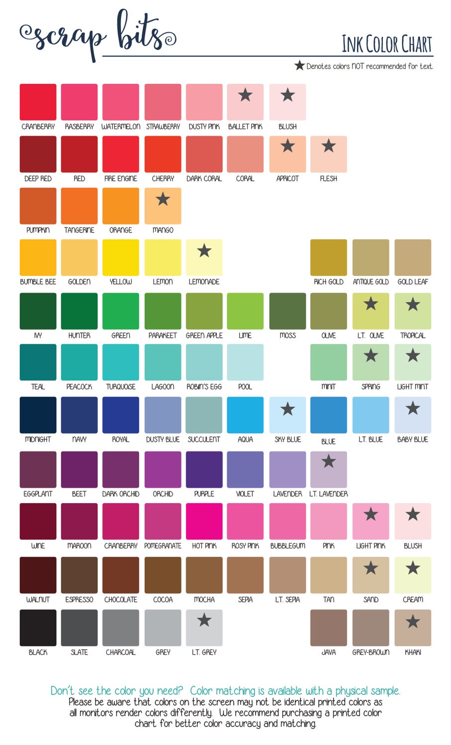 Ink Color Chart for Personalized Stickers & Tags . Printed