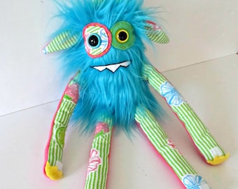 RESERVED for Lisa Plush Monster - OOAK Handmade Monster Plush Toy - Hand Embroidered Stuffed Monster - Turquoise Blue Faux Fur Monster - Cut