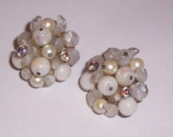 Vintage Earrings with White Faux Pearls and Rhinestones - Clip Ons