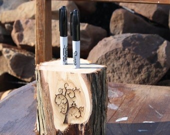Rustic Wedding Decor, Pen, Marker Holder, tree stump, 2 holes, laser personalized, for rustic, outdoor, barn, garden wedding, party, event