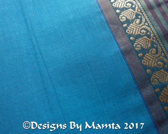 Saree Fabric By The Yard, Turquoise Blue Cotton Sari Fabric, Indian Cotton Fabric, Indian Sari Fabric, Ethnic Fabric, Border Print Fabric